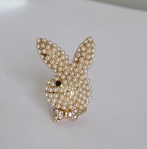Vintage Gold Tone Pearl Embellished Rhinestone Rabbit Playboy Bunny Brooch Pin